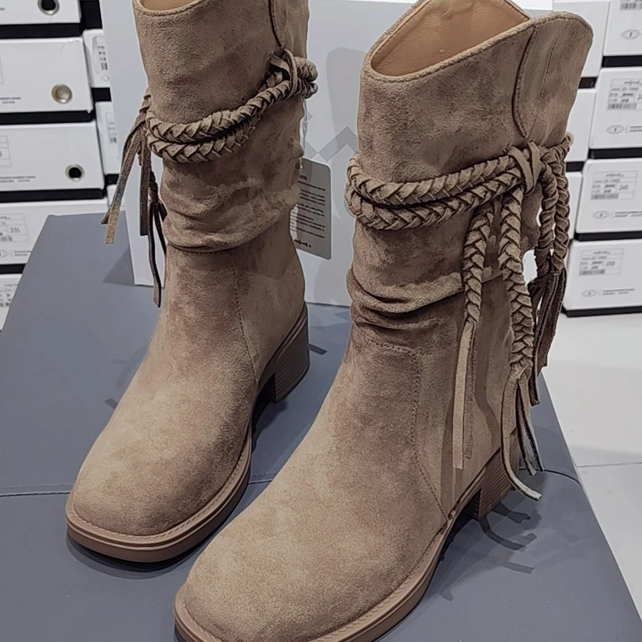 920-2玛莎玛索时装靴筒靴复古秋冬女鞋加绒平底瘦瘦靴圆头