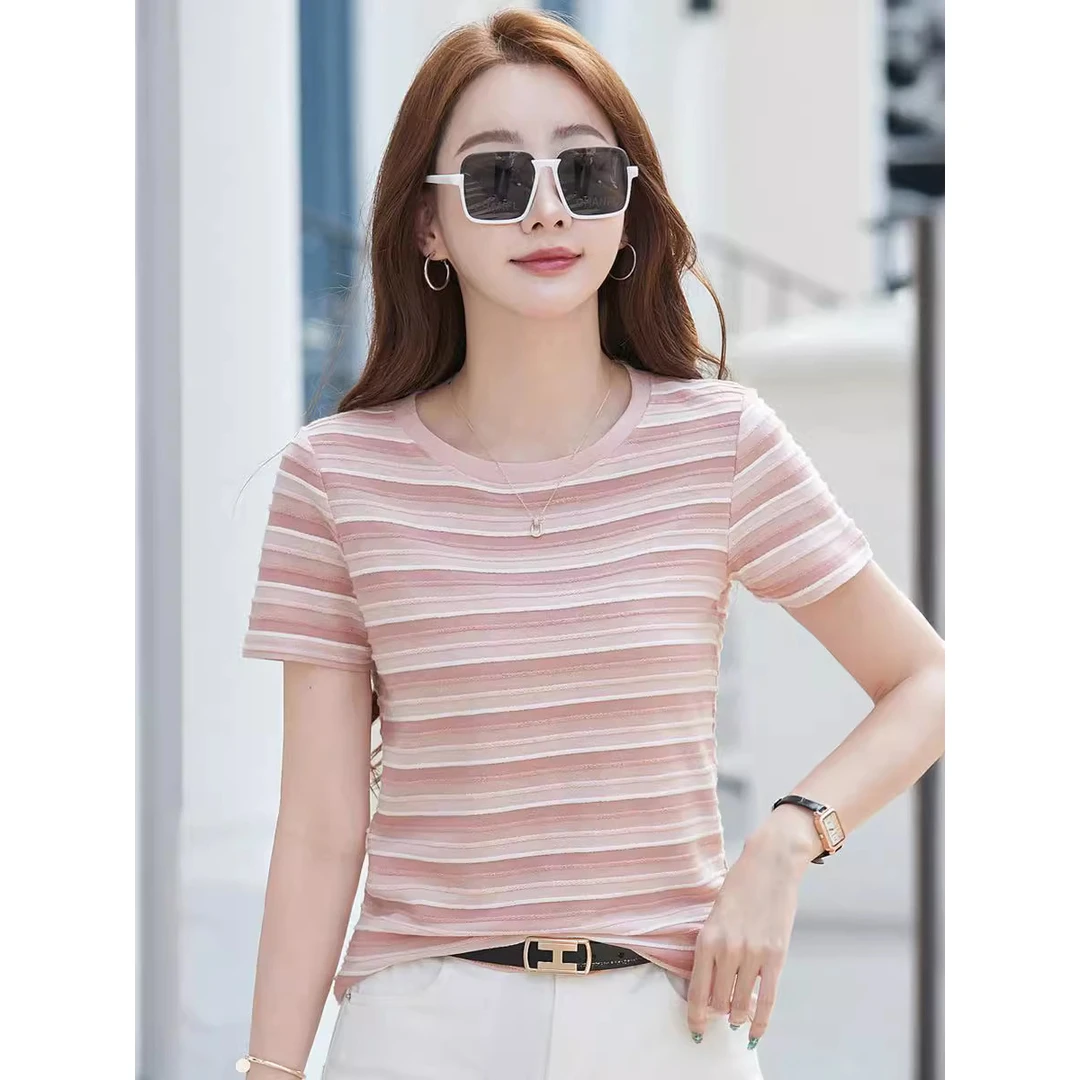 新款条纹短袖T恤女韩版显白复古撞色夏季宽松显瘦打底纯色上衣
