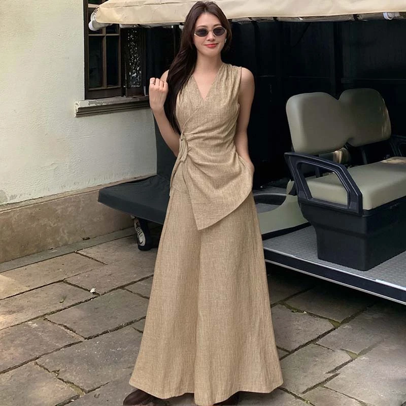 【两件套】轻熟风无袖上衣高腰阔腿长裤高级感时尚气质套装夏D1919