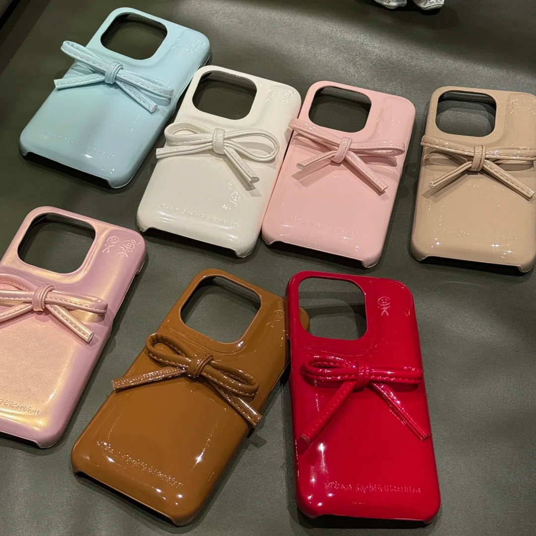 ins风日韩立体蝴蝶结皮质壳适用于iPhone16promax手机壳15pro简约