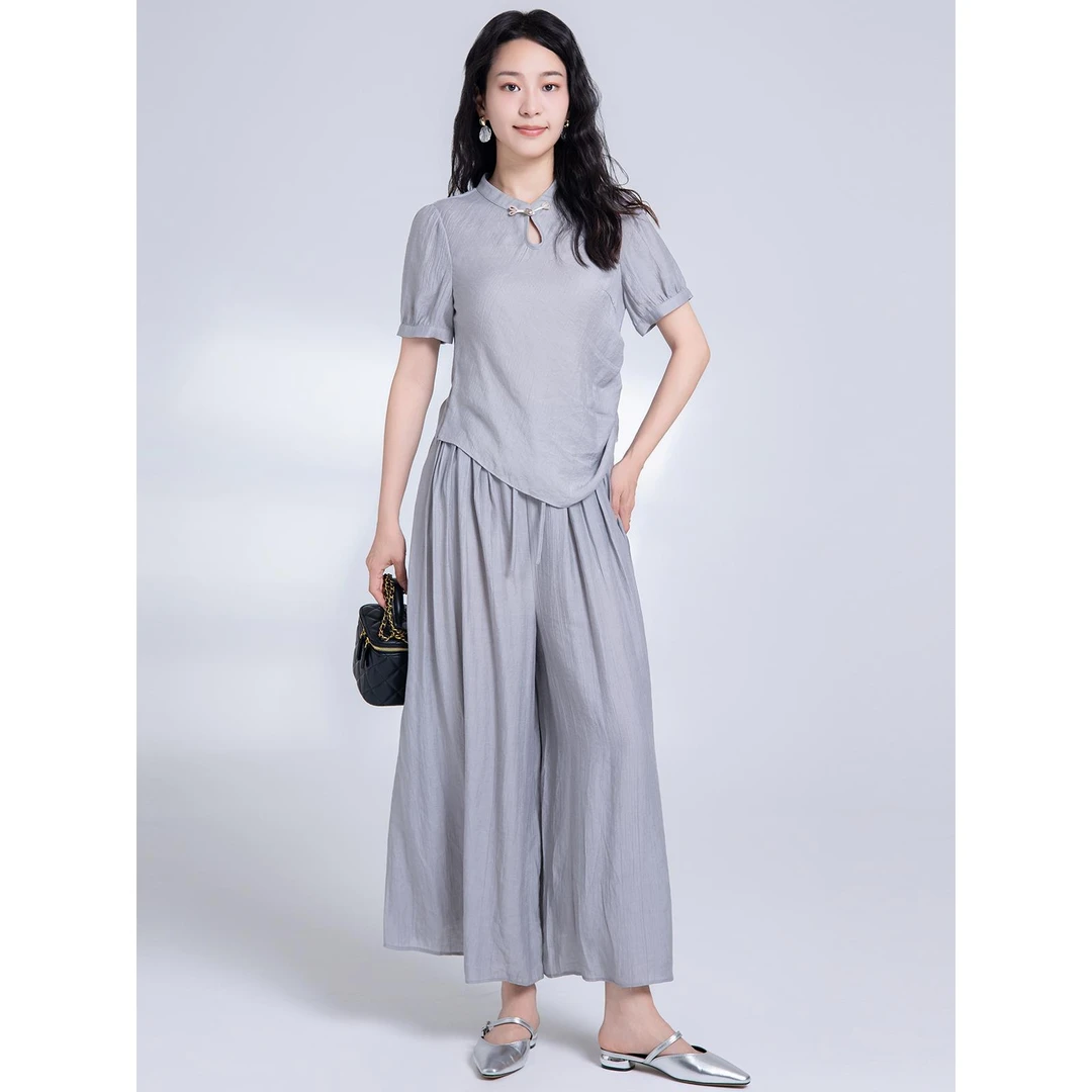 T6079时尚套装2025夏季新款高级感一粒扣短袖上衣+九分裤两件套装