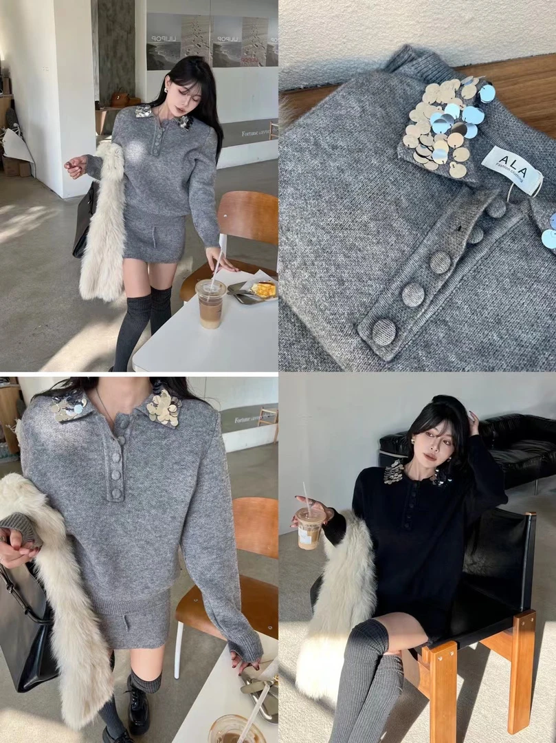 【时光交叠】韩版新款时尚设计款亮片套头毛衣+高腰半身裙