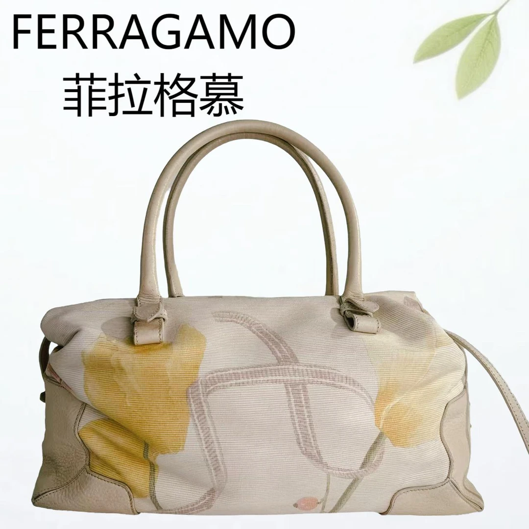 95新 FERRAGAMO/菲拉格慕 米白彩花单肩包G25310358底长30X20