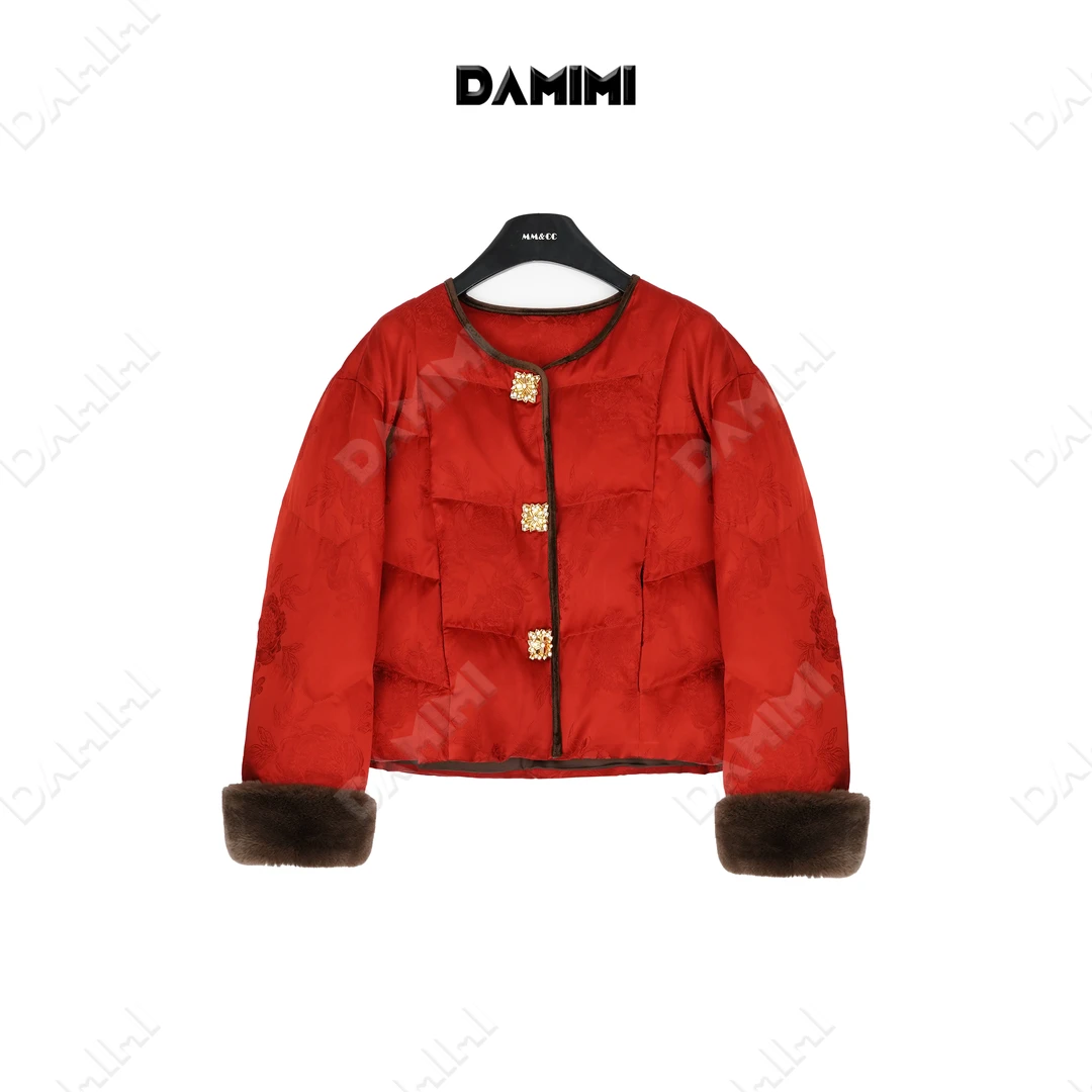 【惊喜】新中式红色短款羽绒服女冬季拼接獭兔毛唐装厚外套F9978