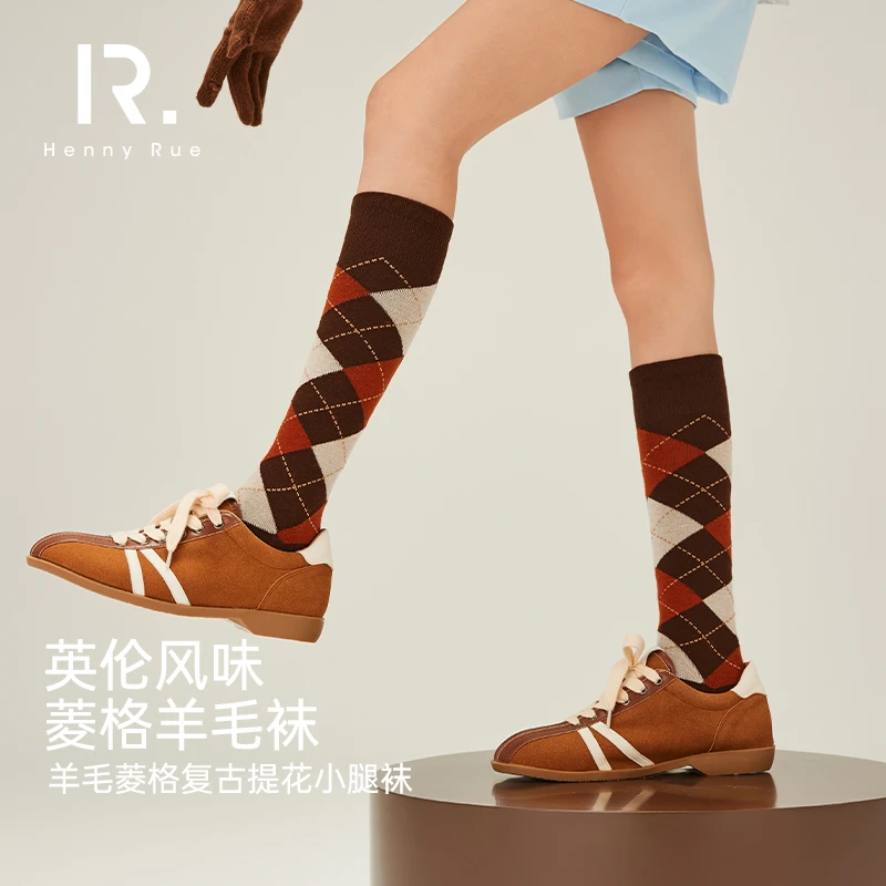 亨尼露复古撞色菱格小腿袜25117