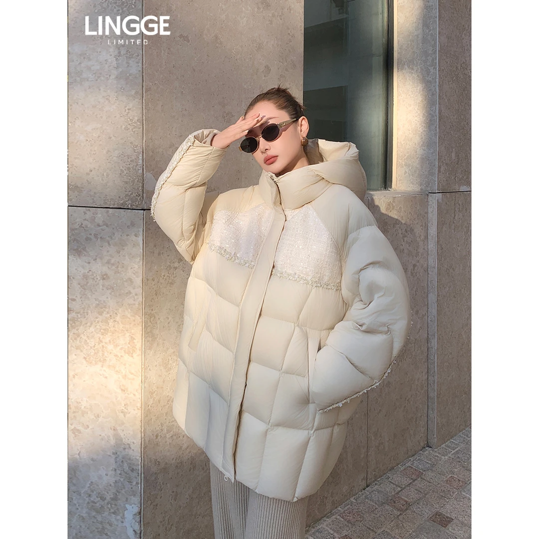 7159米白色 新款小香风拼接一手长白鹅绒羽绒服女