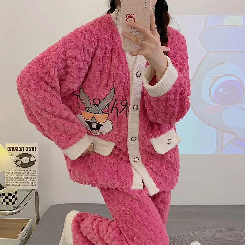 淘挚爱保暖秋冬季珊瑚绒加绒厚款爱心套装睡衣女士家居服hc040