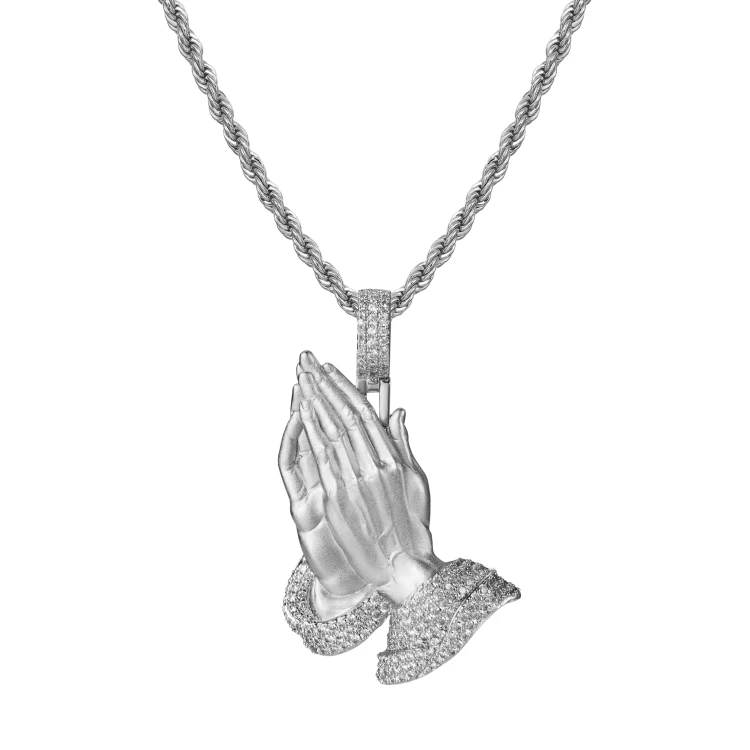 APORRO 吊坠925银 莫桑钻祈祷之手吊坠手工坠链明星同款轻奢质感
