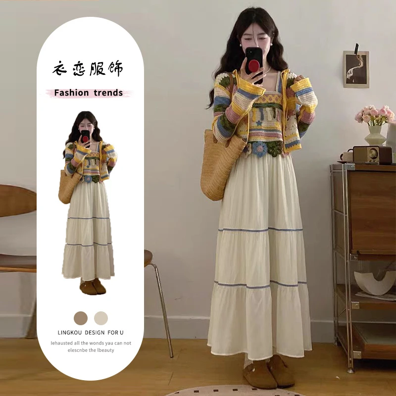 大码夏季设计感套装裙女波西米亚风温柔减龄背心开衫半身裙三件套