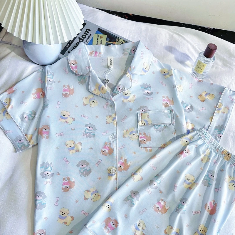 2025夏季短裤短袖冰丝套装睡衣女宽松大码薄款胖mm可外穿家居服