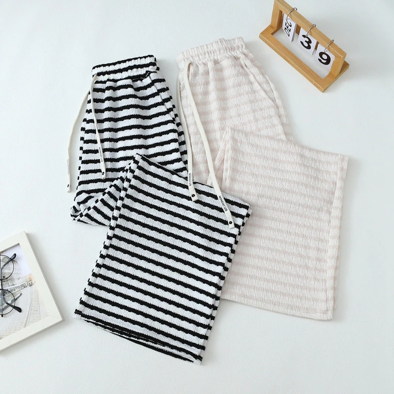 春秋款睡裤大码薄款口袋休闲裤宽松百搭条纹阔腿裤休闲家居长裤外