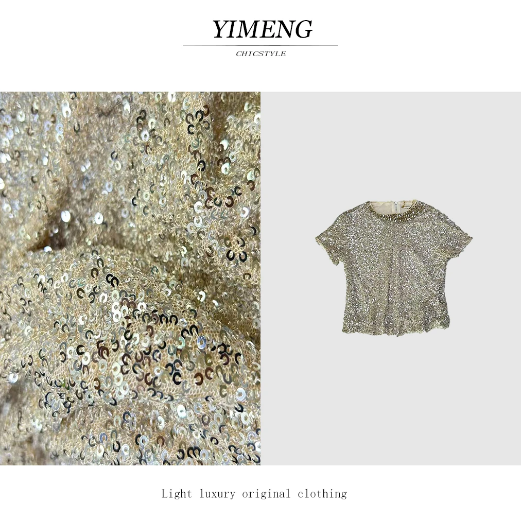 YIMENG/逸梦 【闪耀黄宝石】高级镶钻 网纱圆领亮片拼接短袖T恤