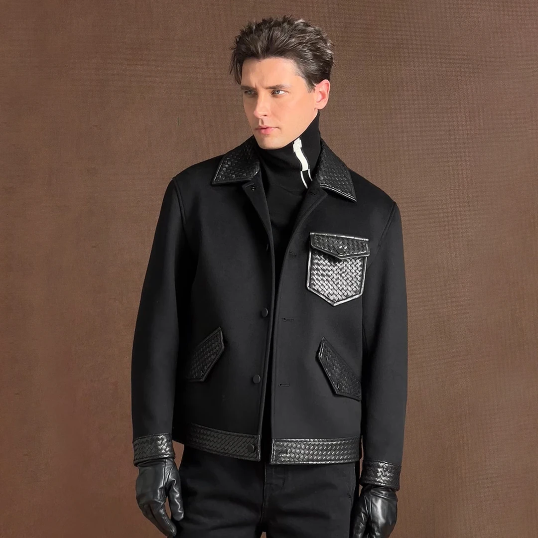 言吉真皮拼接羊毛夹克时尚翻领男士外套秋季新款时尚帅YJRLH3005