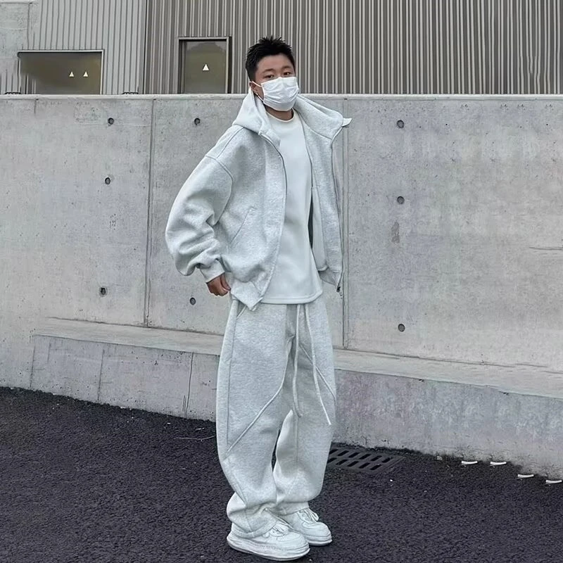 秋冬季重磅潮流连帽卫衣套装男美式休闲宽松大码帽衫直筒裤两件套