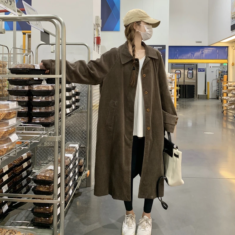 咖色长款灯芯绒风衣外套女2025春秋新款韩版气质复古高级休闲大衣