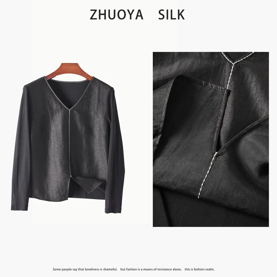 100%桑蚕丝香云纱休闲气质龟裂纹新款宽松上衣真丝