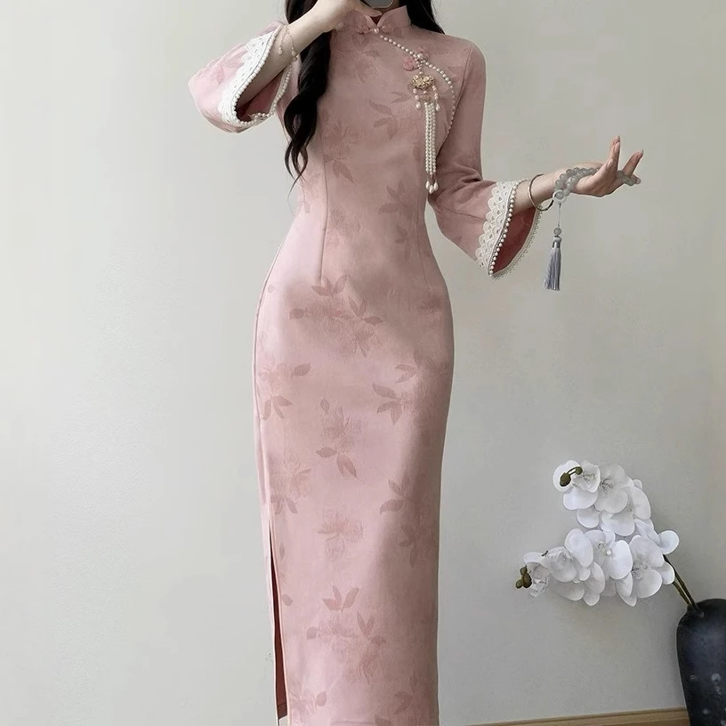 粉色绒淑女范倒大袖旗袍2025年秋新款改良新中式年轻款日常穿显瘦