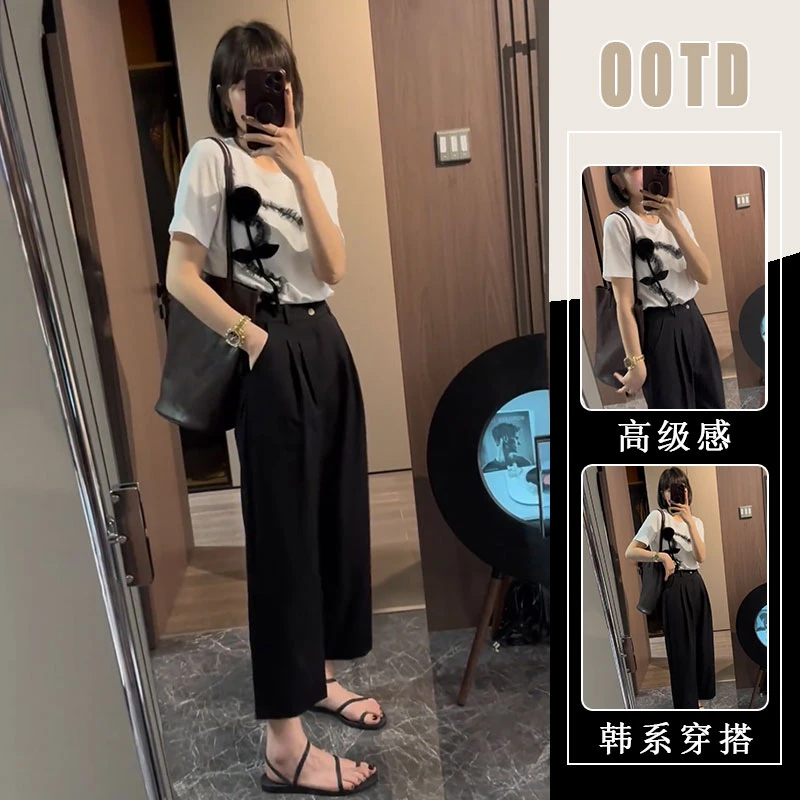韩版立体花朵印花短袖T恤女2025年夏季新款休闲宽松阔腿裤两件套