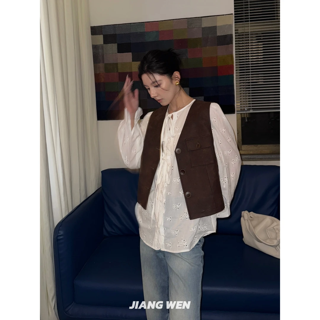 UKILAU【复古档案】棕色复古v领百搭马甲