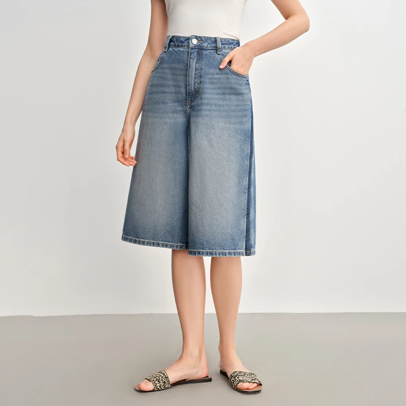 大码牛仔裤女夏微胖mm时尚休闲高腰七分阔腿裤子25DS82853