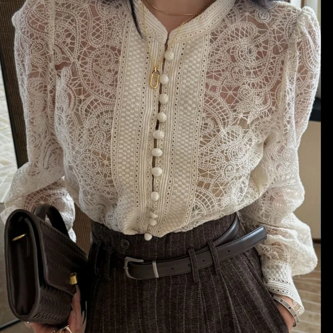 韩版复古时尚气质钩花镂空蕾丝上衣女轻奢高级感洋气别致衬衫上衣