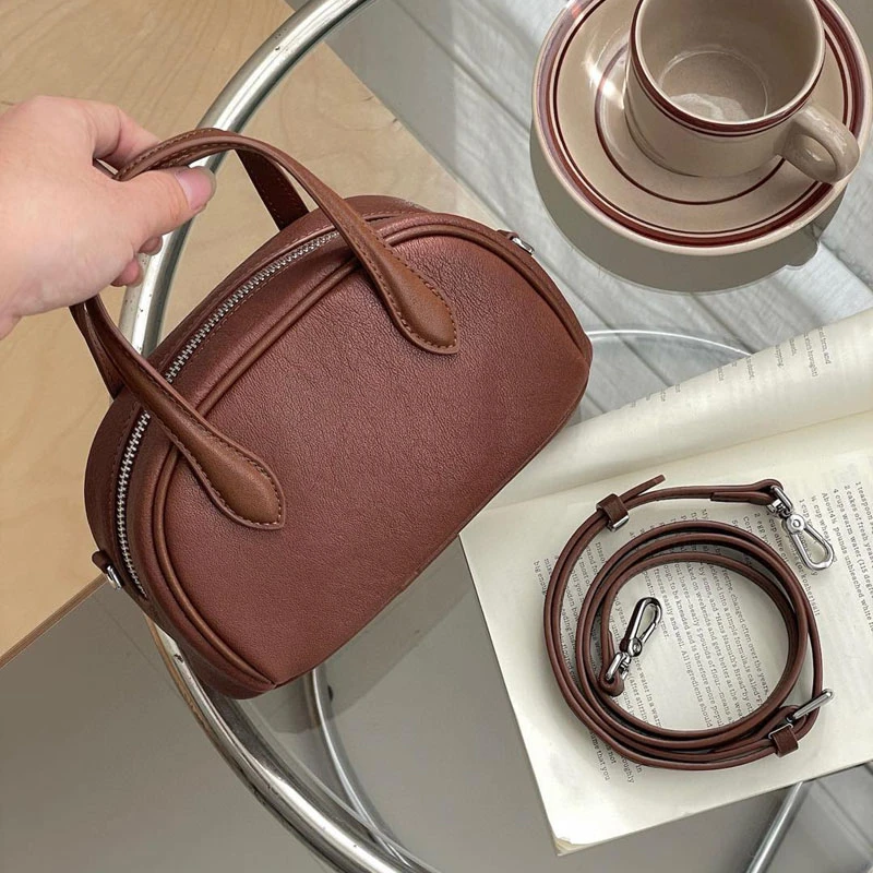 HY2025夏季新款头层植鞣牛皮保龄球包复古风简约手拎单肩斜挎小包