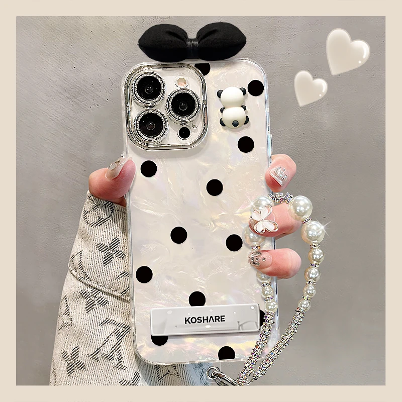 波点熊猫公仔适用苹果15华为vivo/oppo小米iPhone16贝壳纹手机壳