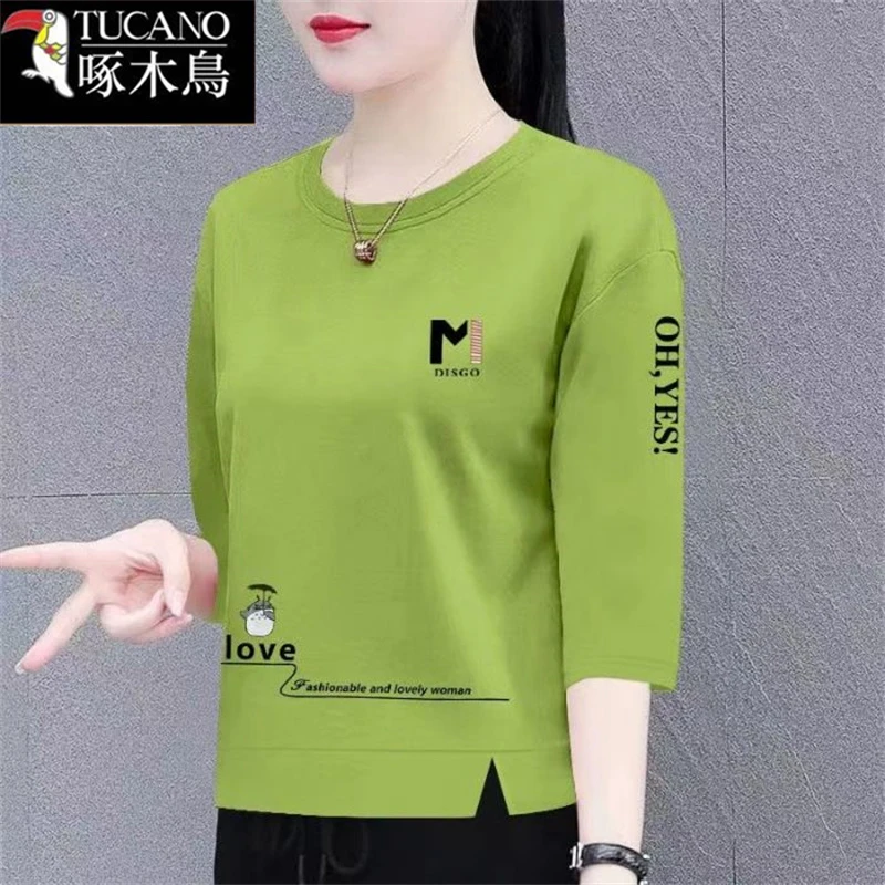 啄木鸟圆领夏季纯色开叉印花女T恤2025年新款七分袖韩版大码上衣