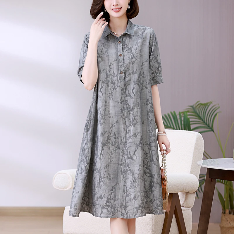 扎染印花连衣裙女2025年夏装新款中年妈妈宽松遮肚子显瘦衬衫裙子