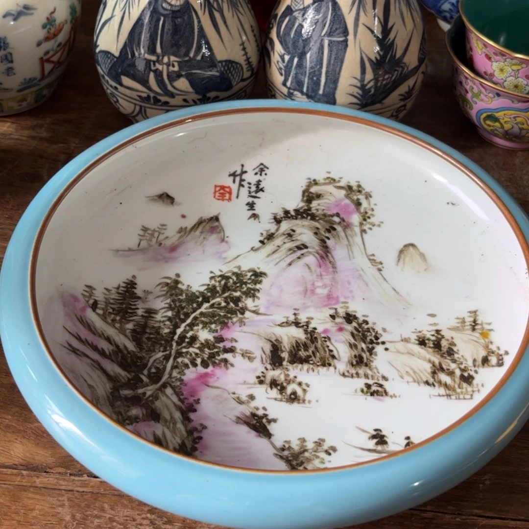 碗珠*子山水绘片摆件精品