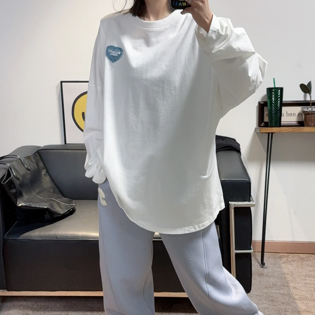 2025春季新款超百搭白色圆领牛仔贴布打底T恤女宽松显瘦中长款