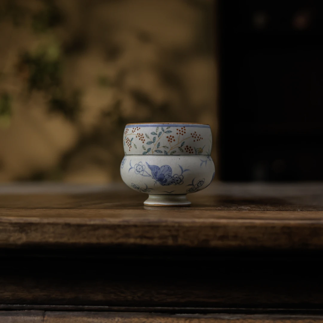 【小田甄陶】蝴蝶红花-朴云堂-折腰杯（朴杯0478）