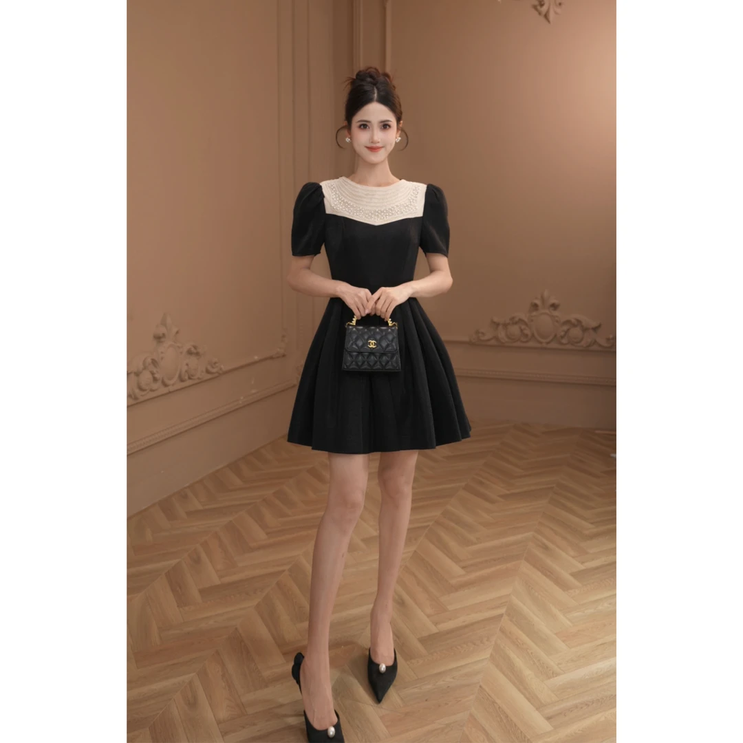 【柒老板定制】新款轻奢小众赫本风泡泡袖宴会复古优雅连衣裙80188