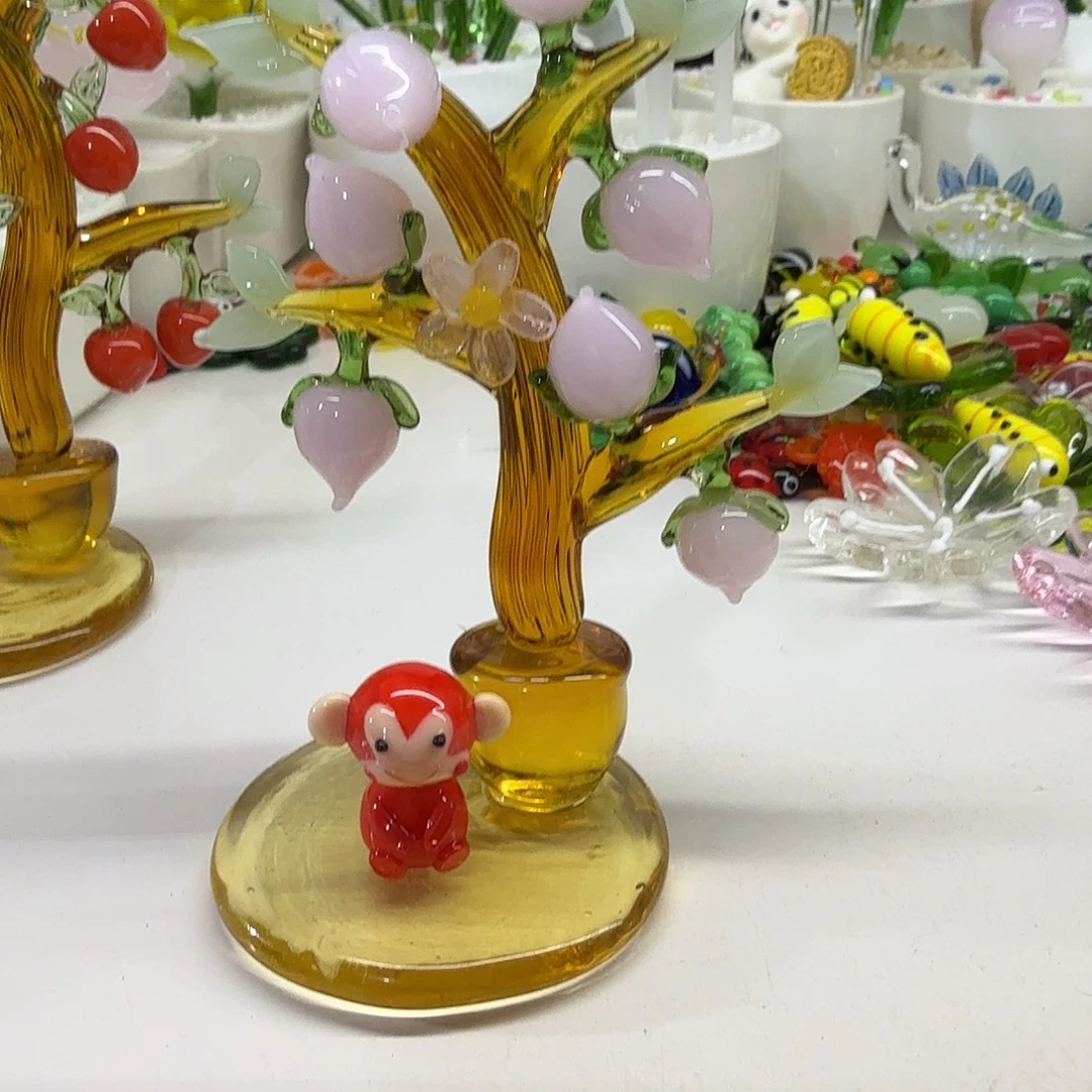三***月琉璃手工艺品桃树小猴