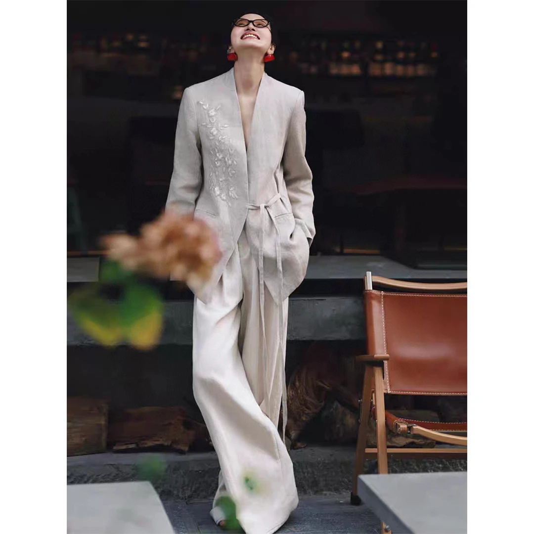 2025春夏新款法式老钱风高级感亚麻V领绑带西装阔腿裤套装两件套