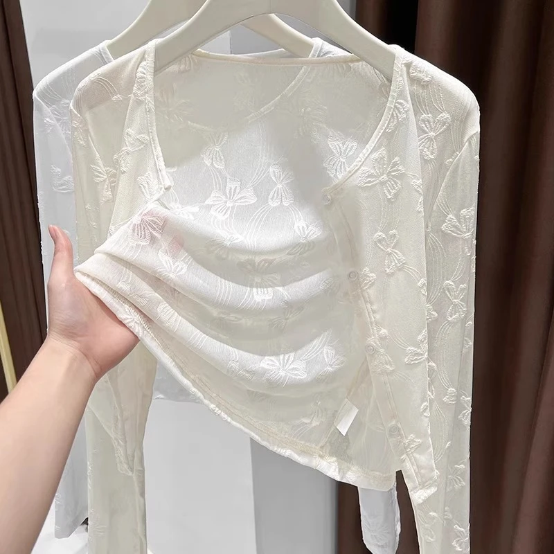 新中式国风网纱裙子披肩外搭蝴蝶结长袖上衣防晒罩衫杏色开衫薄款