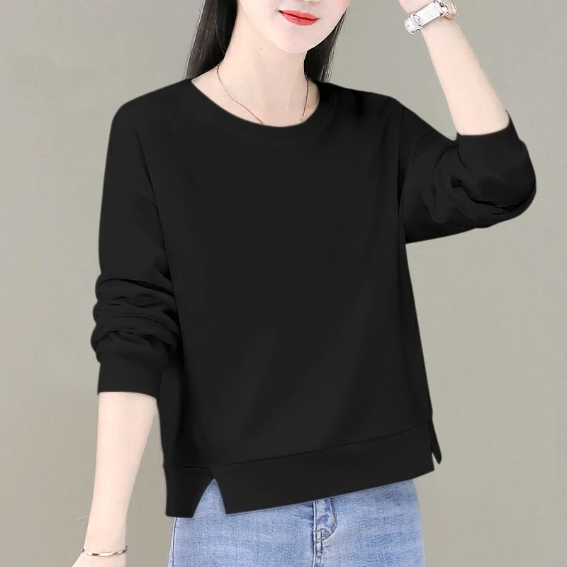 黑色薄款卫衣女春秋季2025新款小个子棉宽松显瘦纯色圆领短款上衣