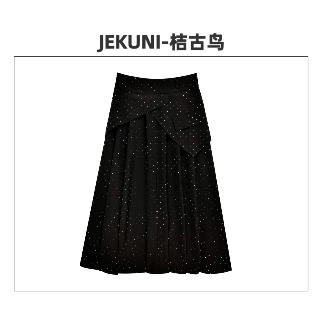 JEKUNI/桔古鸟重工烫钻设计感气质春季高腰长裙A字裙褶皱半身裙