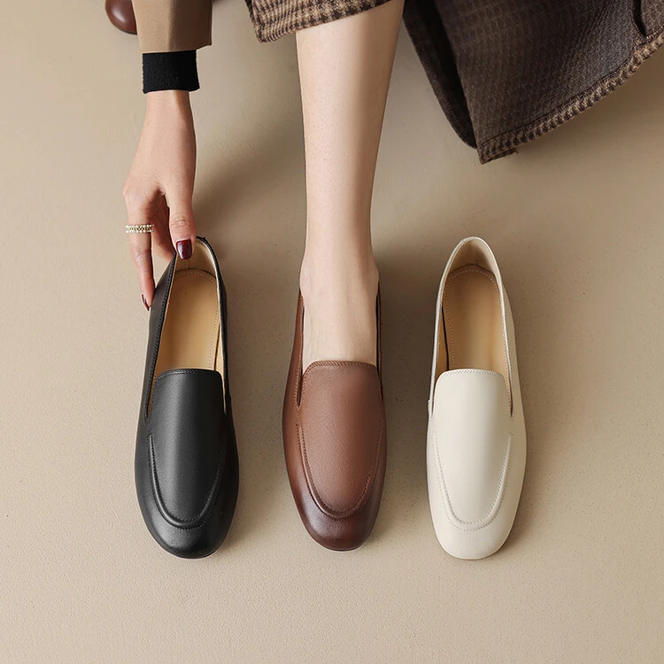 法式极简风一脚蹬乐福鞋女春秋休闲软面软皮娃娃圆头平底深口单鞋