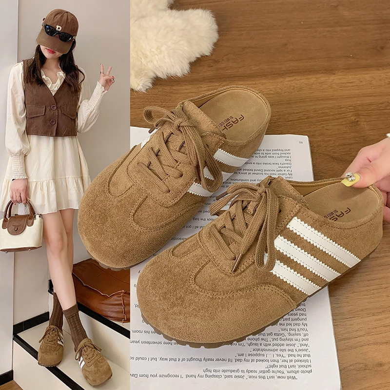 包头半拖鞋女外穿2025新款秋季复古德训鞋舒适女厚底无后跟懒人鞋