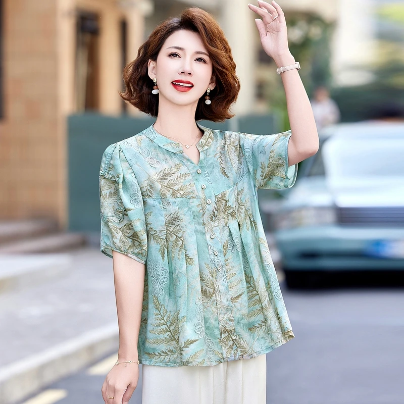 中年妈妈夏装套装短袖t恤2025新款中老年夏季雪纺上衣衬衫两件套