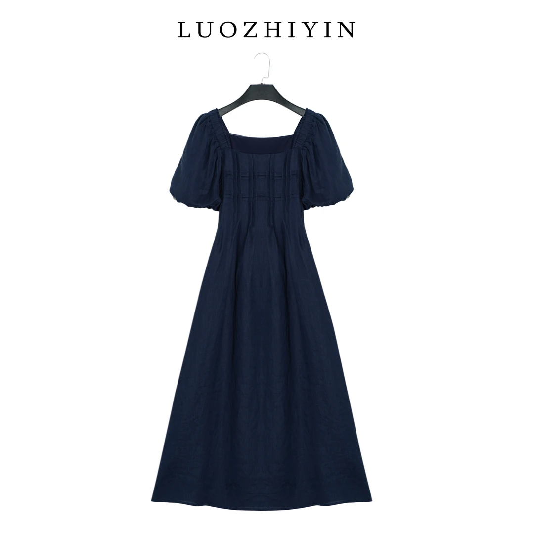 LUOZHIYIN/罗知音D110169Z气质方领连衣裙显瘦中长款泡泡袖裙子