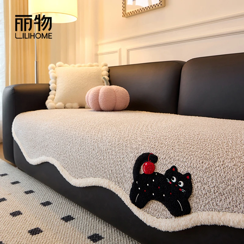 LILIHOME丽物喵喵悠果雪尼尔四季通用直排坐垫盖布巾皮沙发垫防尘