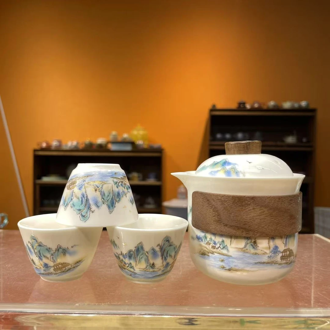 德化云仓 羊脂玉【水长流-木粒】旅行茶具+3杯-5653（直播专享）