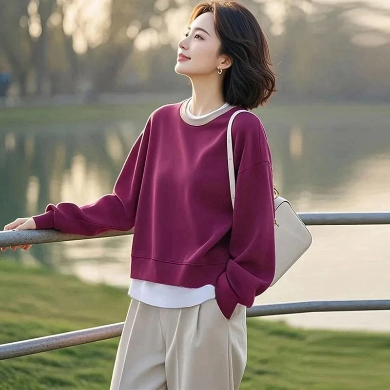 时尚百搭小个子圆领卫衣女士2025春秋季新款显瘦气质百搭长袖上衣