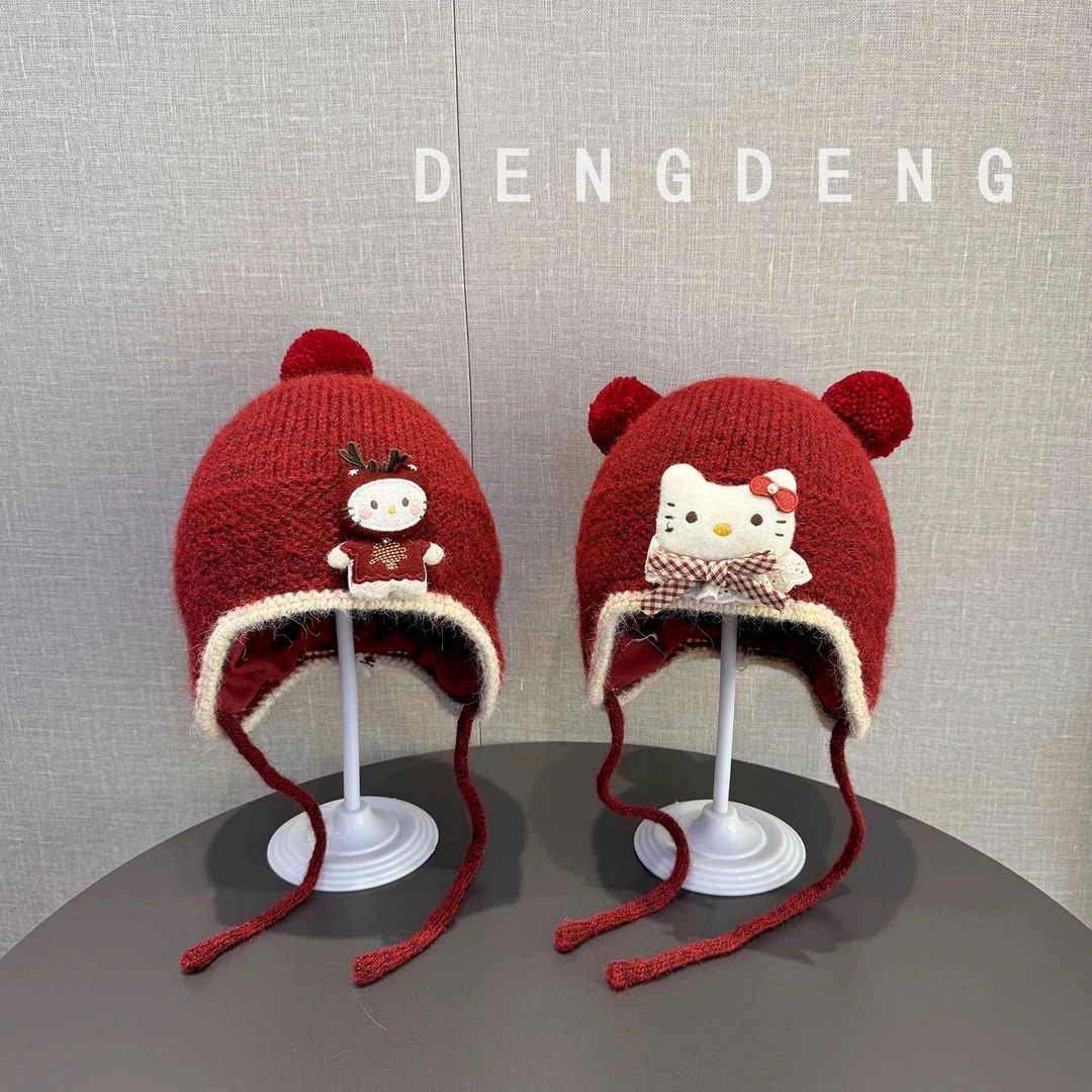 宝宝护耳帽冬季保暖针织加厚复古红色新年喜庆可爱小鹿儿童帽子新