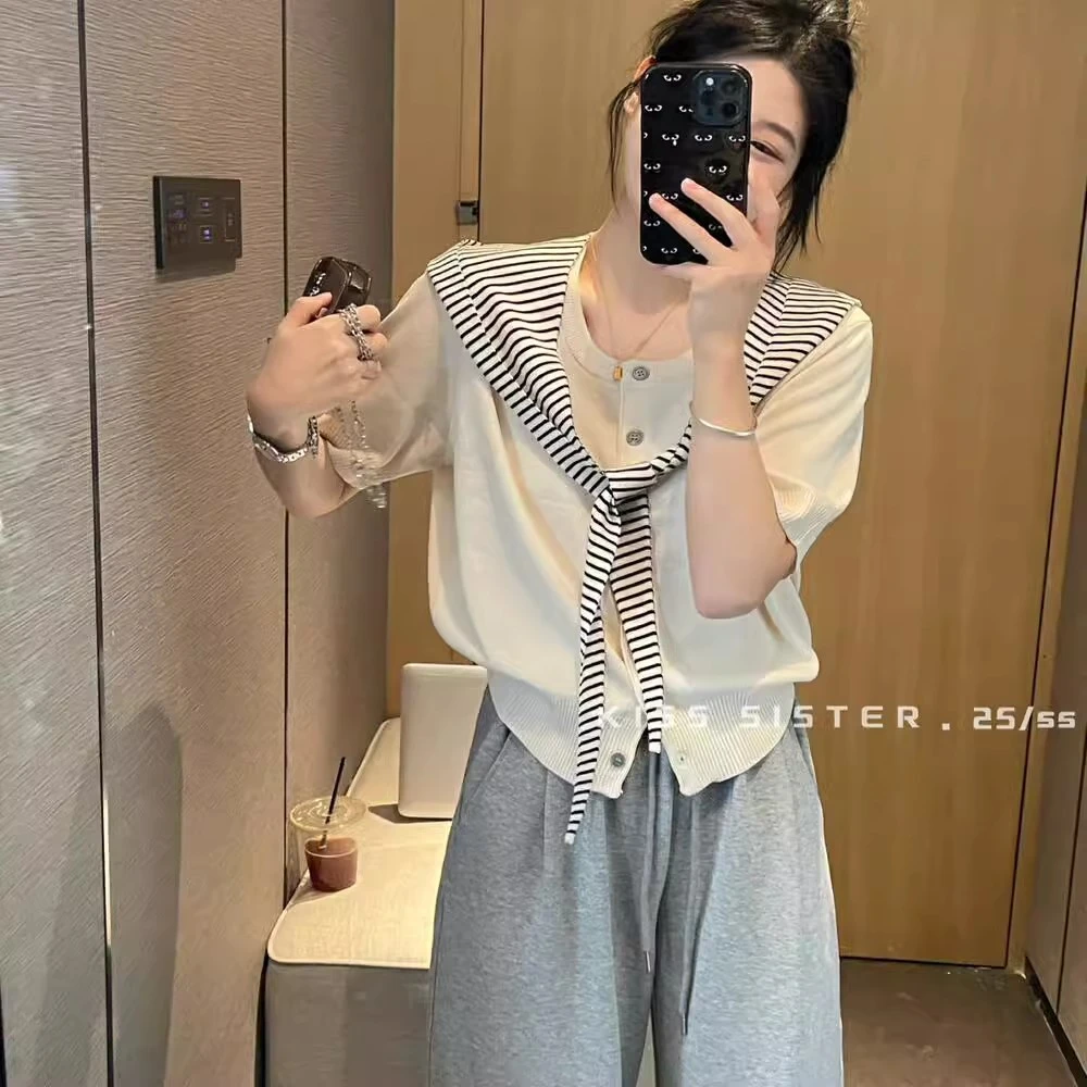 2025春夏新款百搭显瘦配披肩条纹短袖针织衫女韩系单排扣开衫上衣