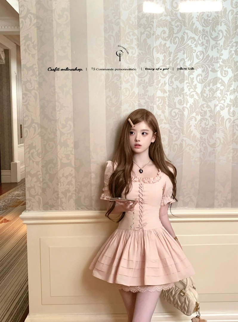 迟伞伞25/ss 十七行诗 穿绳系带木耳边纯棉短袖无袖粉收腰连衣裙