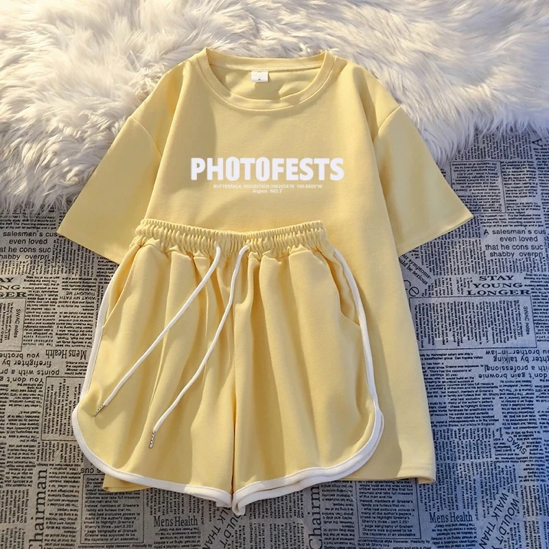 复古短袖夏季运动套装女小个子宽松两件套运动服运动装套装潮