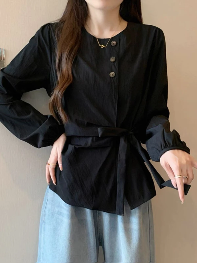910#春秋款收腰法式显瘦长袖上衣